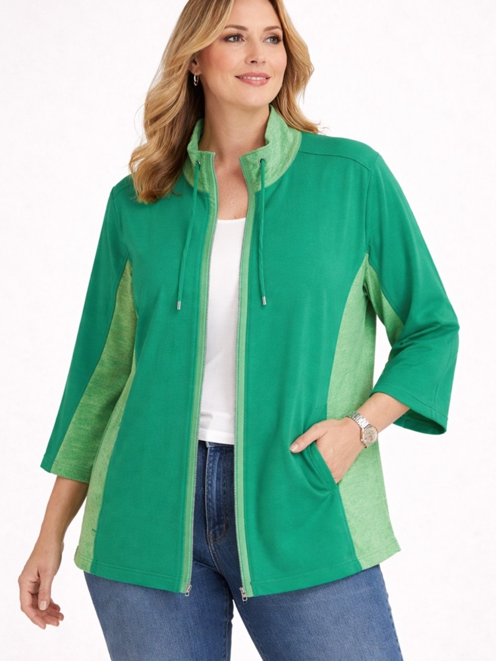 Chico’s Weekends Zip Jacket Size 3 (XL 16 ) Green Stretch Cotton Casual‎